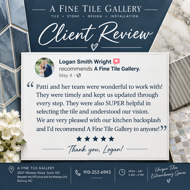 A Fine Tile Gallery client review card with a quote over a blue and white tiled background