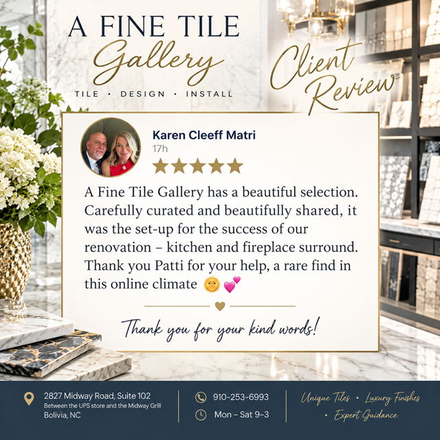 A Fine Tile Gallery client review card with five stars, marble background, and gold script text