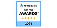 HomeGuide Top Pro Award 2024 badge featuring five gold stars on a blue background.