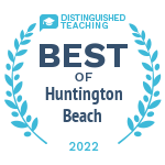 A blue laurel wreath with the words `` best of huntington beach '' written on it.