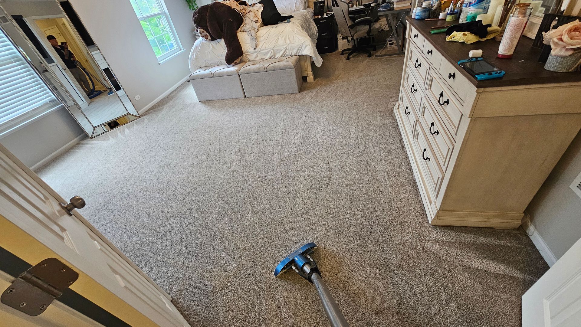 Carpeted bedroom with a dog on a bed and a vacuum cleaner on the floor.