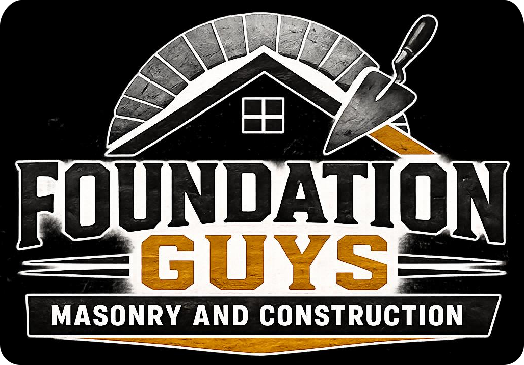 Foundation Guys masonry and construction logo with house roof and trowel in black, white, and orange