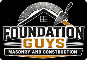 Foundation Guys masonry and construction logo with house roof and trowel in black, white, and orange