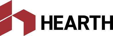A maroon abstract logo of the letter H followed by the word HEARTH in black, bold, sans-serif font.