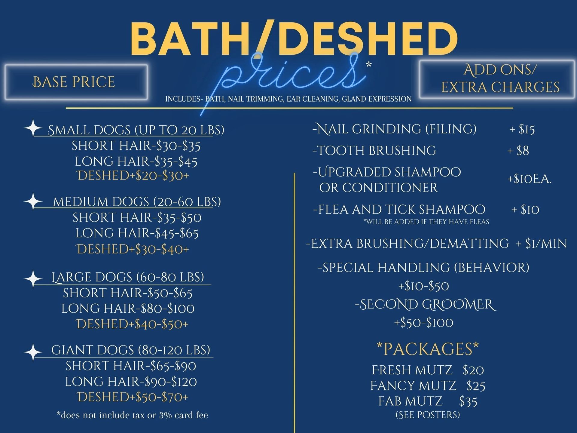 Mutz and Kutz Grooming bath/deshed prices menu