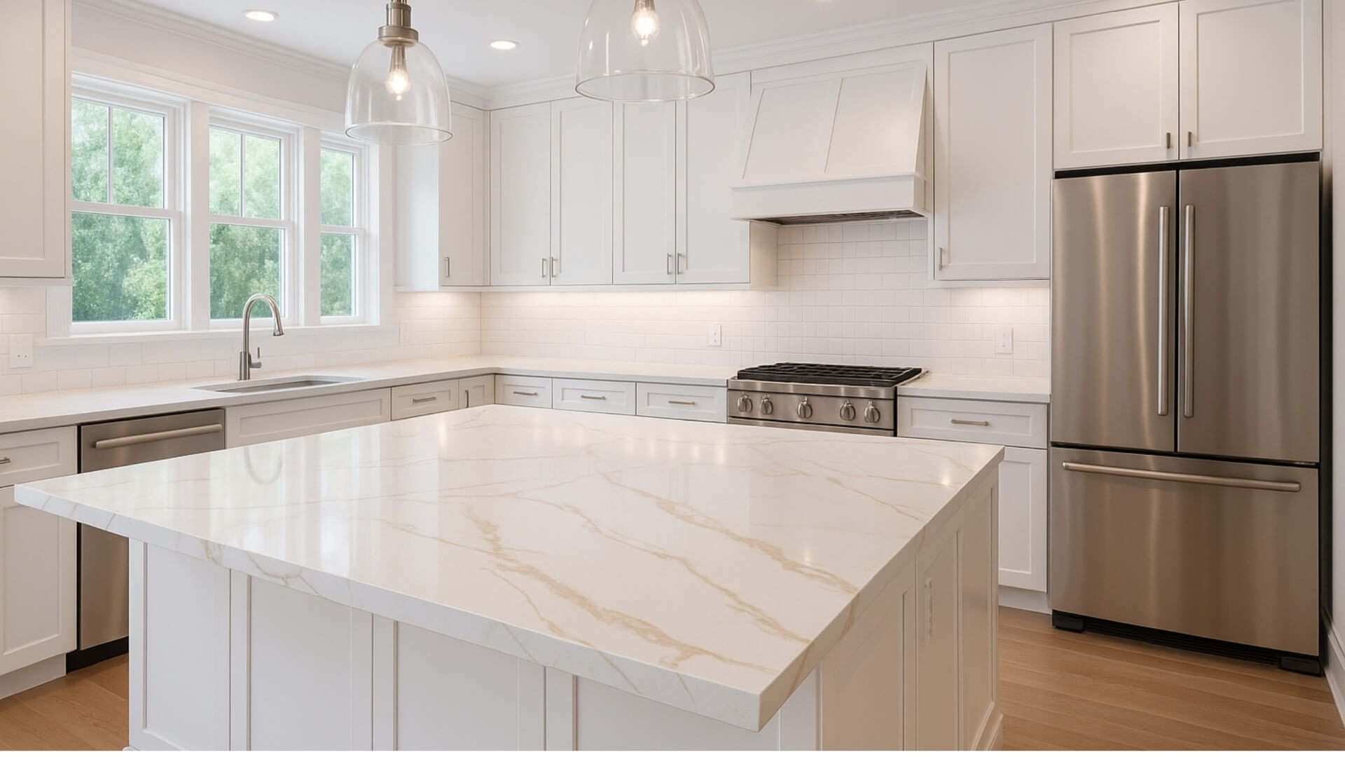 White modern kitchen with a large island, stainless steel appliances, and light-colored countertops.