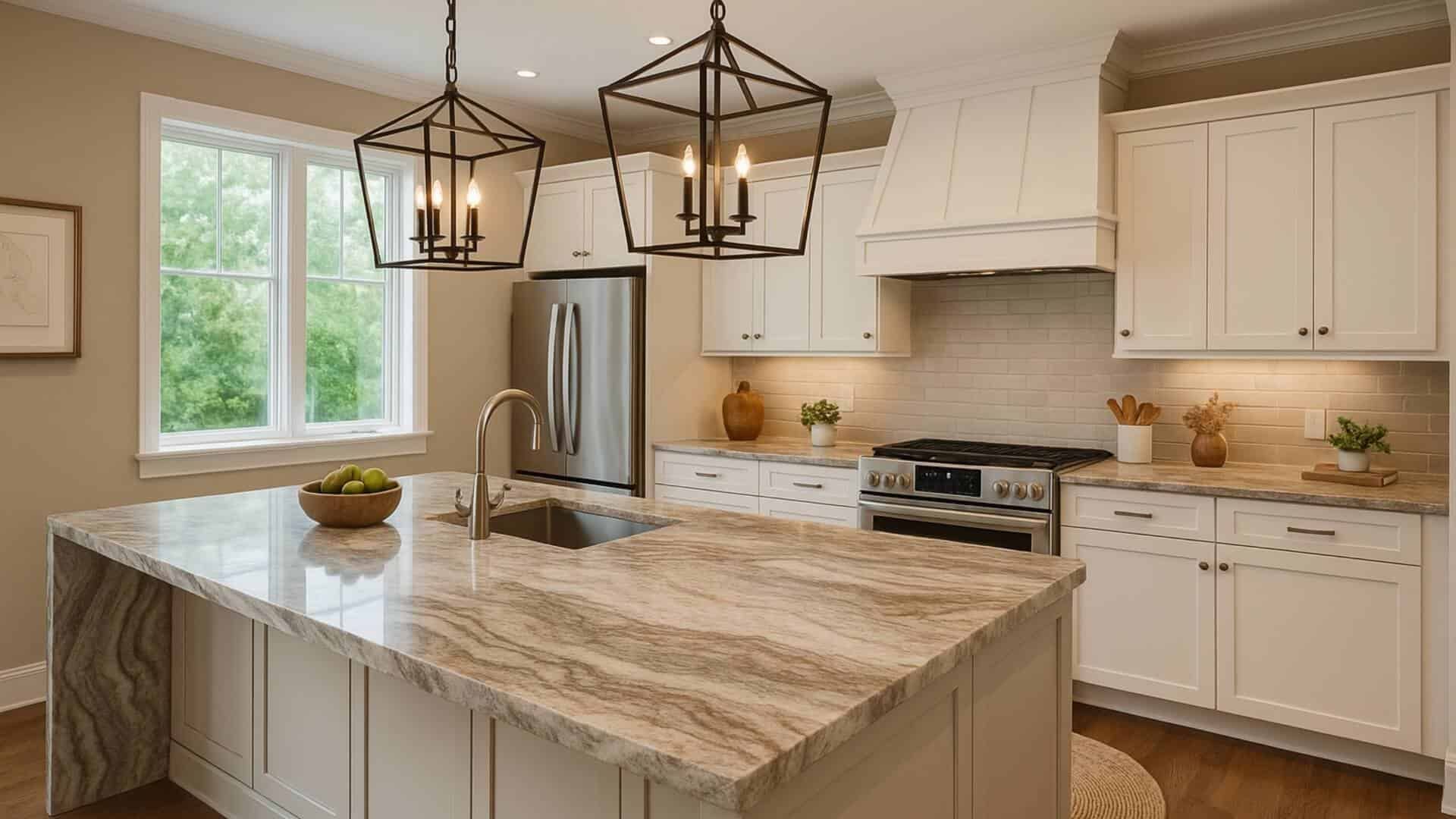 Kitchen with white cabinets, granite island, stainless steel appliances, and two pendant lights.