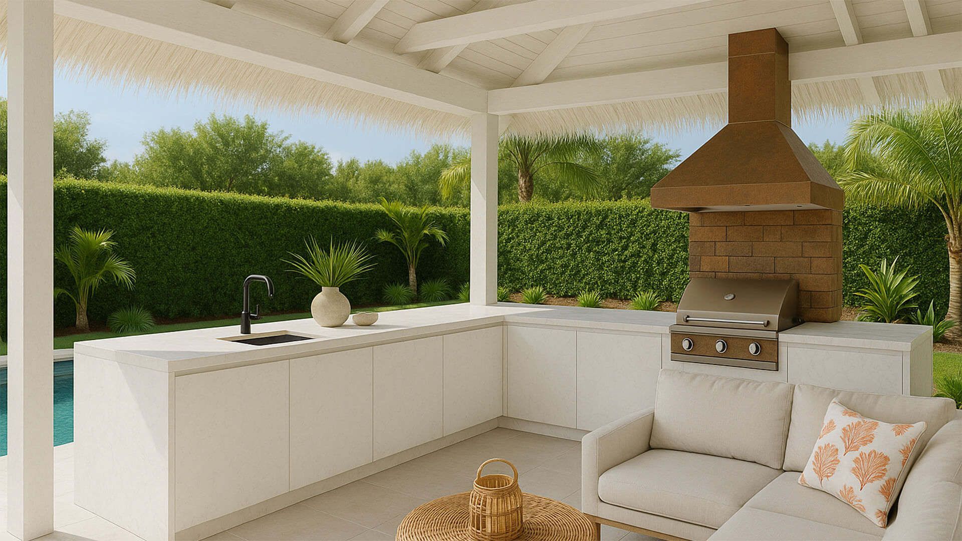 Outdoor kitchen with white cabinetry, seating, and a built-in grill against a backdrop of greenery.