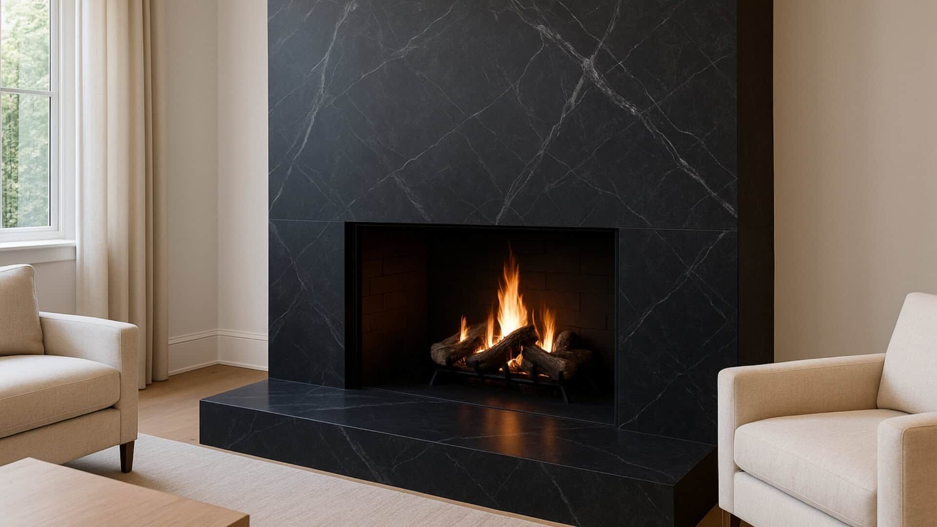 Black marble fireplace with a roaring fire and two cream armchairs.