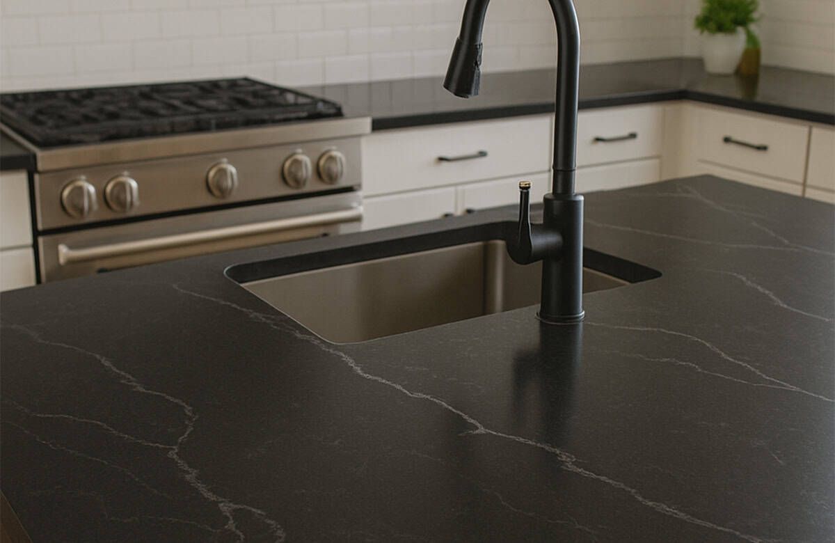 Dark countertop with black faucet, stainless steel stove, and white cabinets in a modern kitchen.