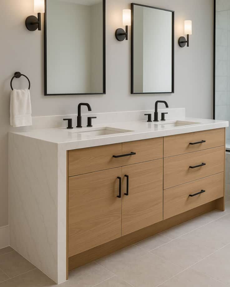 Modern bathroom with double vanity, light wood cabinets, white countertops, black fixtures, and two mirrors.