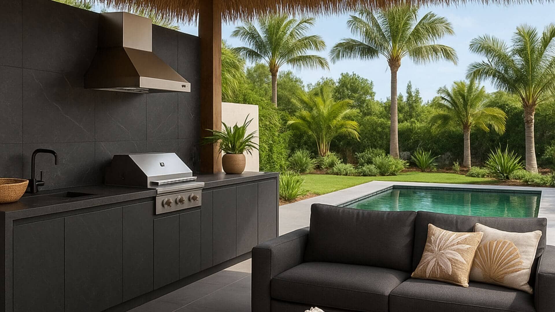 Outdoor kitchen with grill and seating by a pool. Dark gray cabinetry, stainless appliances, palm trees in the background.