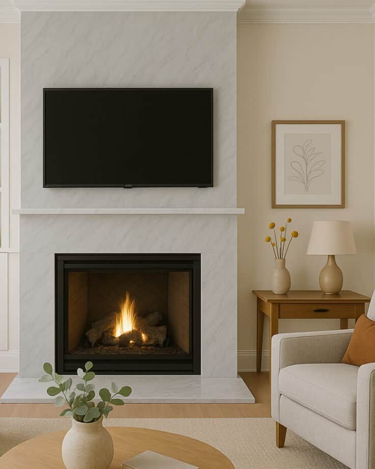 Living room with fireplace, TV, art, side table, and armchair. Neutral tones with warm fire.