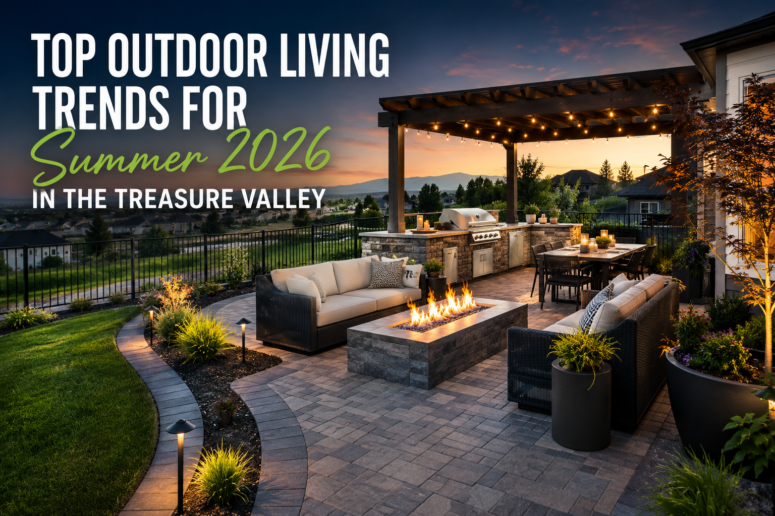 Luxury outdoor patio with fire pit, seating, and pergola at sunset; text reads “Top Outdoor Living Trends for Summer 2026”