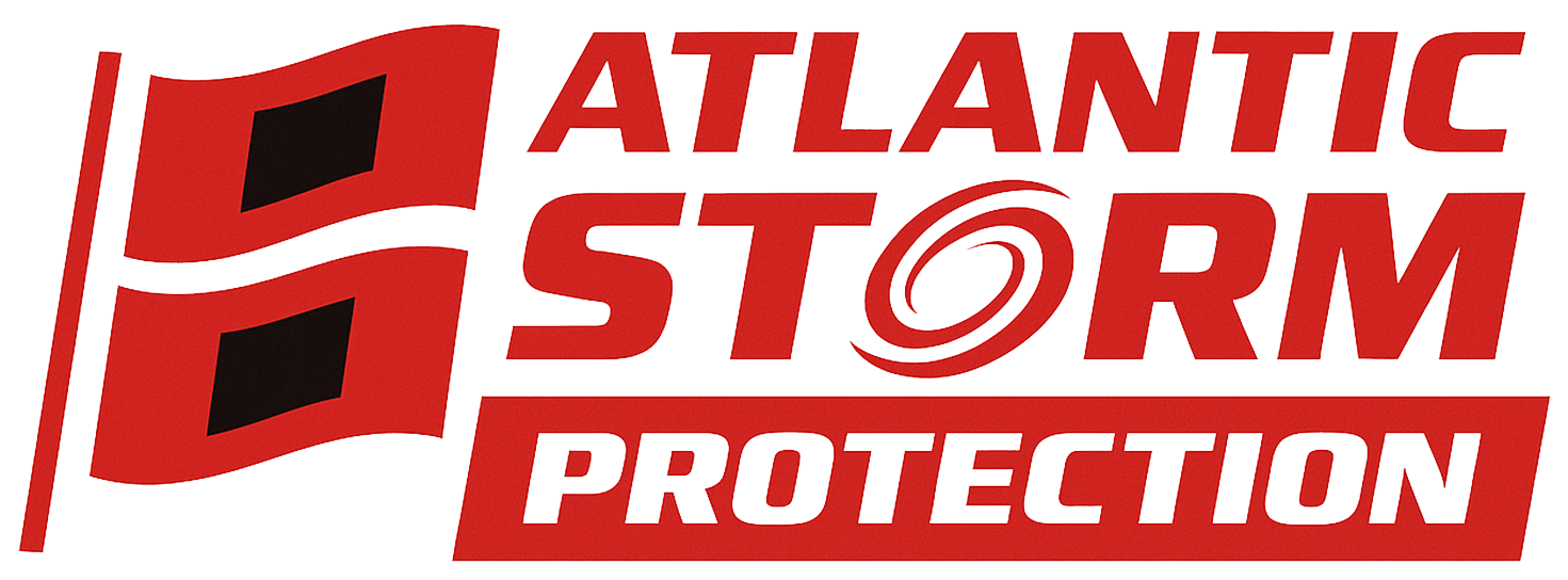 Atlantic Storm Protection logo with red text and a red swirl icon