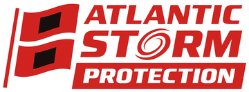 Atlantic Storm Protection logo with red text and a red swirl icon