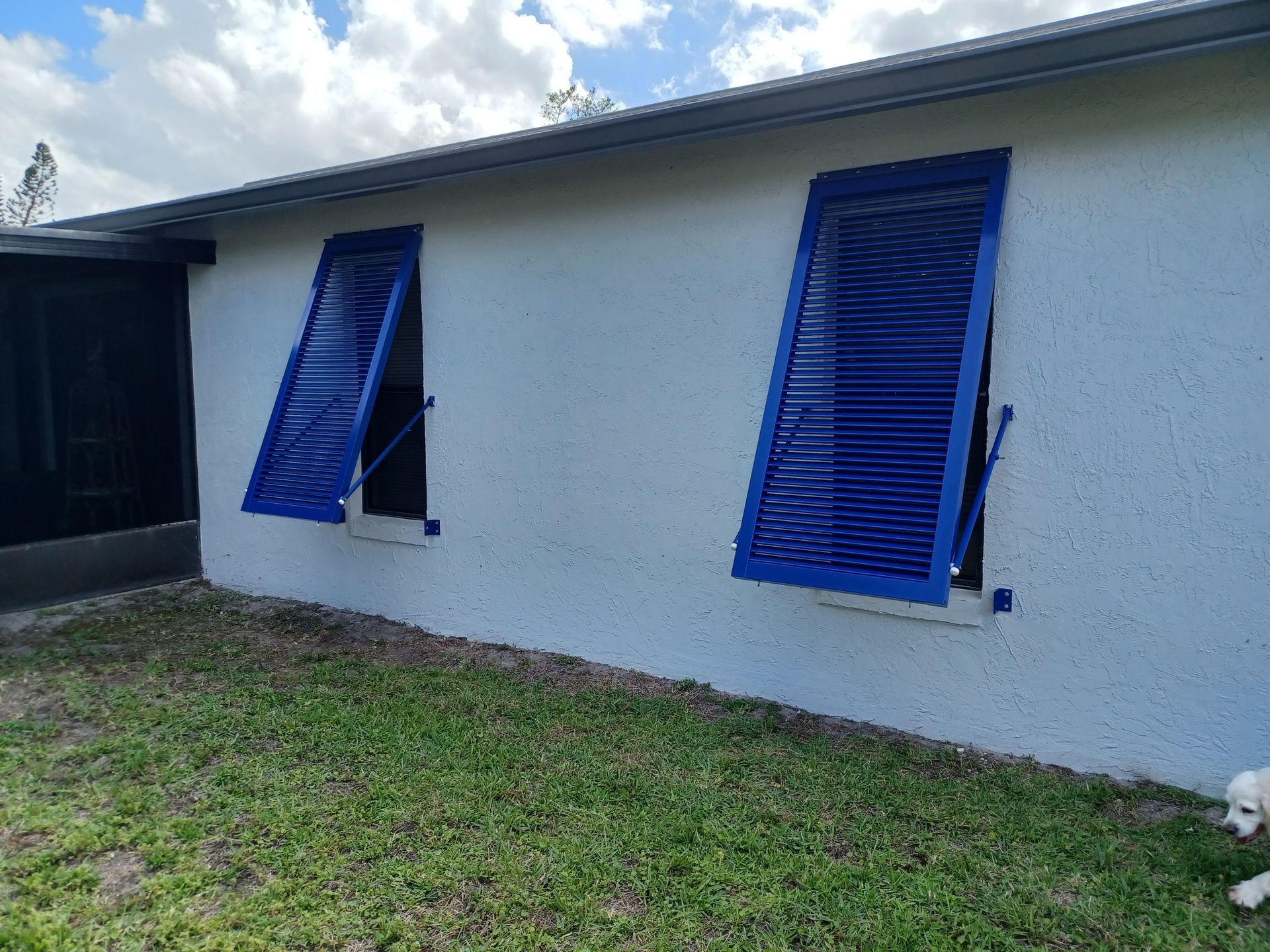 House exterior with two blue shutters open against a white wall and grassy yard