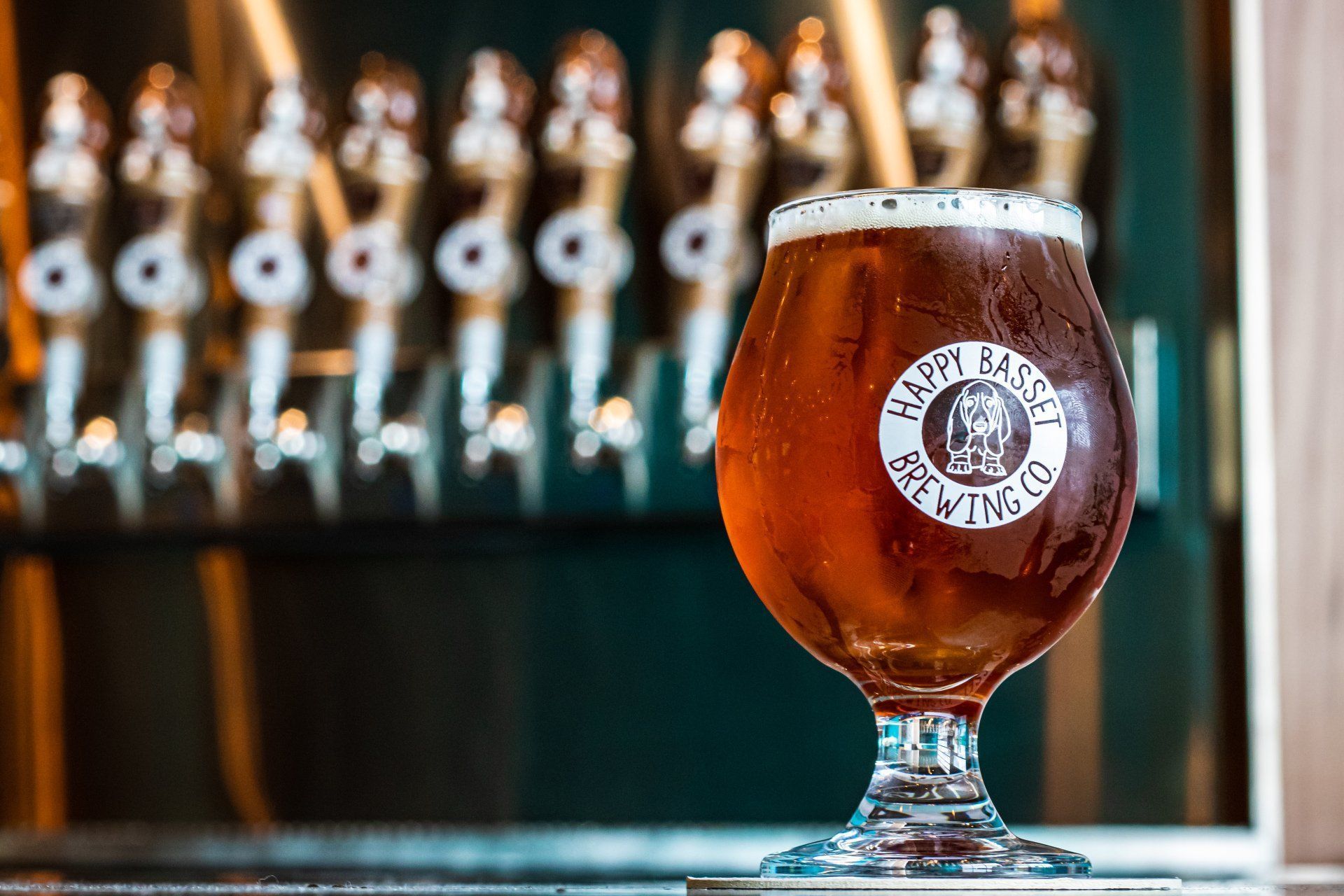 Glass of beer in front of taps at Happy Bastard Brewing Co.