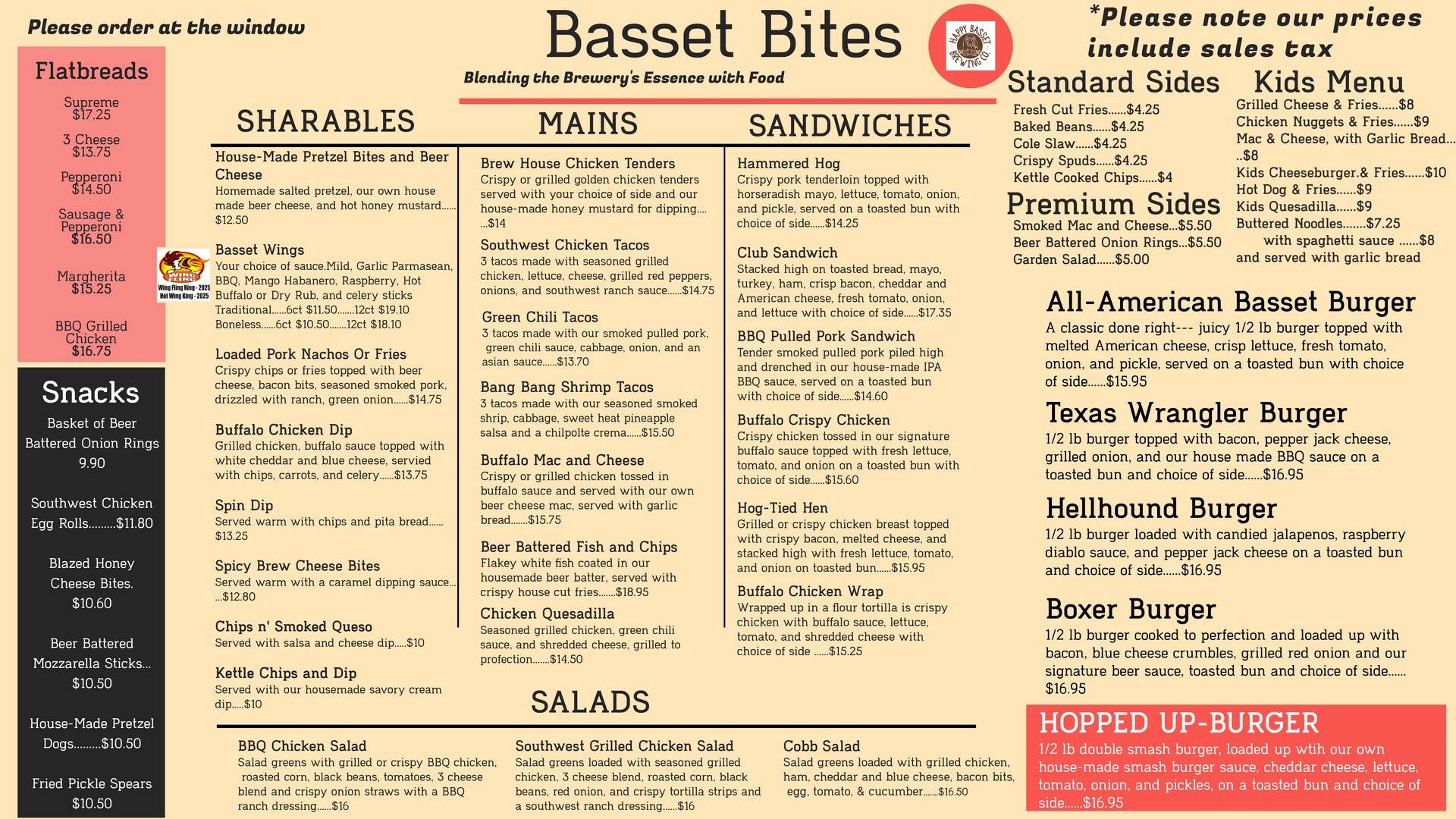 Bassett Bites restaurant menu with appetizer, sandwich, salad, and burger sections on a tan background