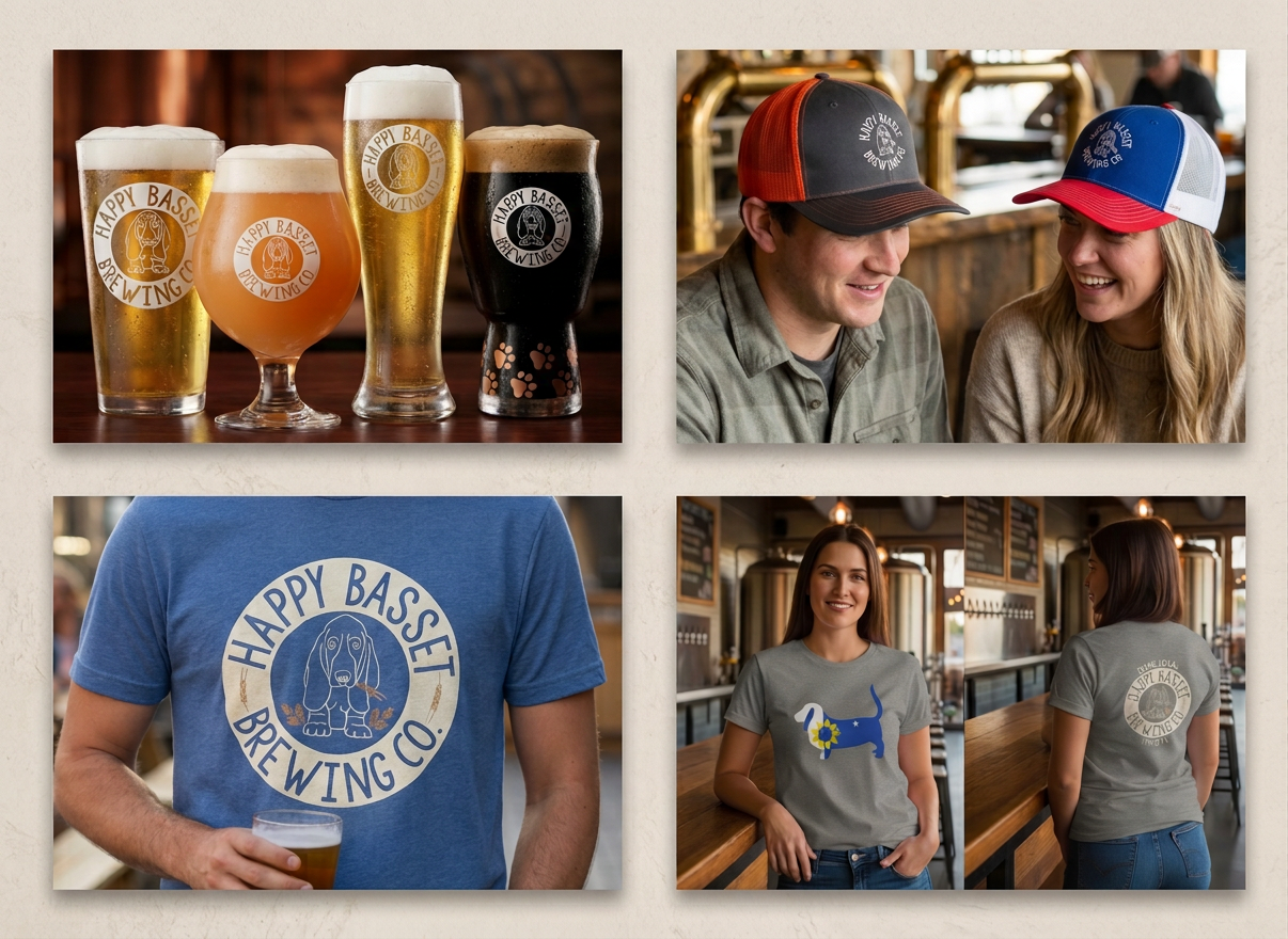 Beer glasses and branded T-shirts in a brewery-style collage with smiling people wearing caps