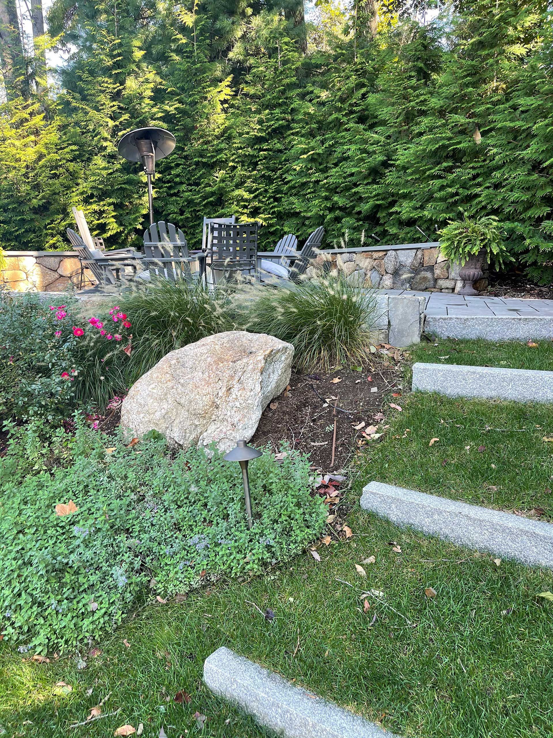 a large rock in the middle of the garden