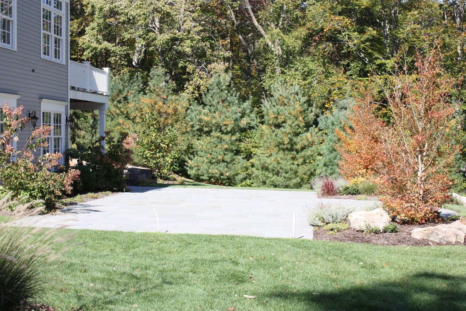A driveway leading to a house with trees in the background.