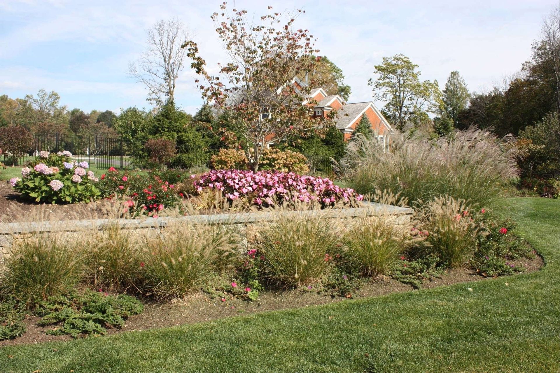 A garden filled with lots of flowers and grass with a house in the background.