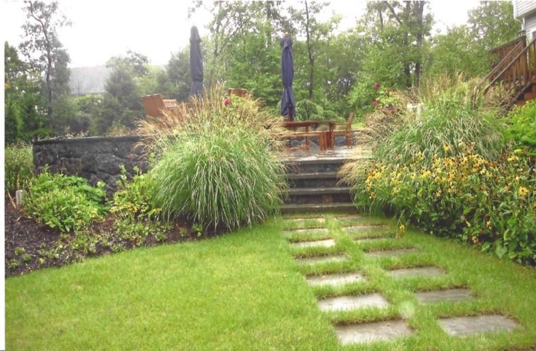 A lush green garden with a stone walkway leading to a patio