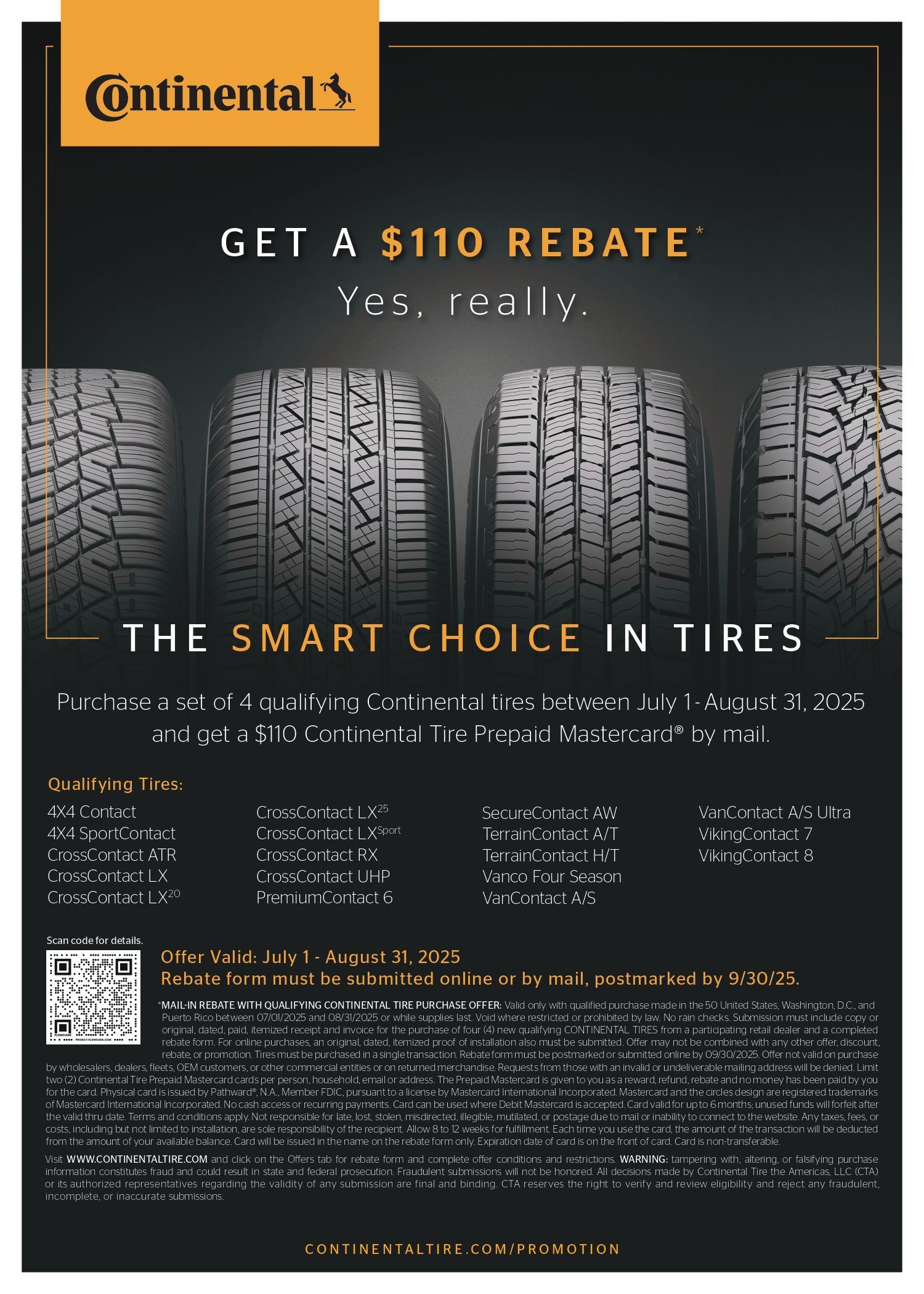 An advertisement for Continental tires that says Get a $ 110 rebate