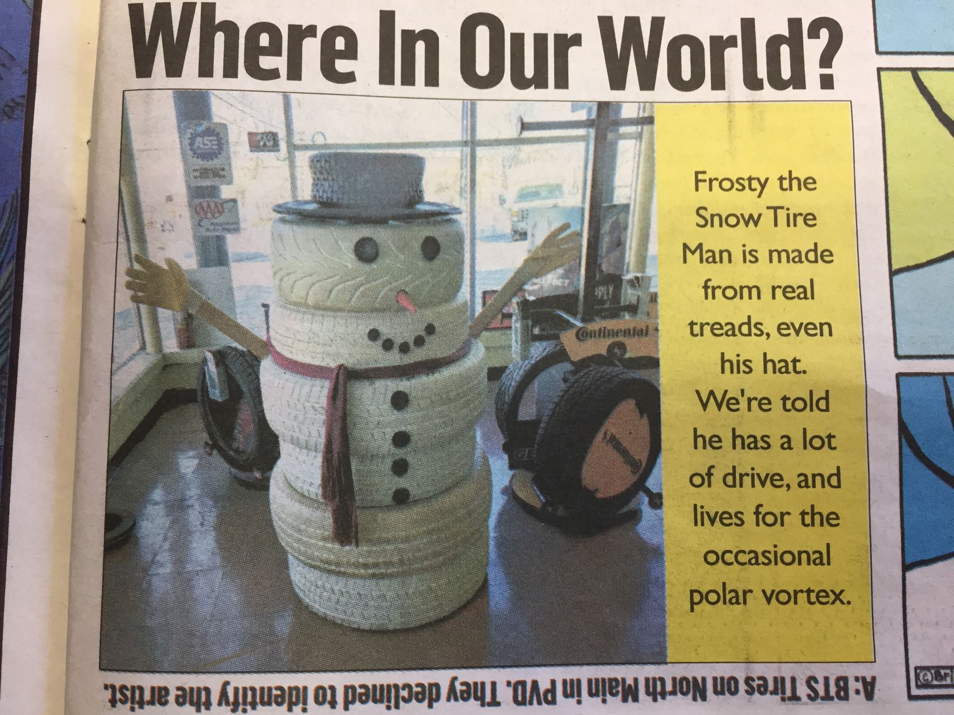 A newspaper article about frosty the snow tire man