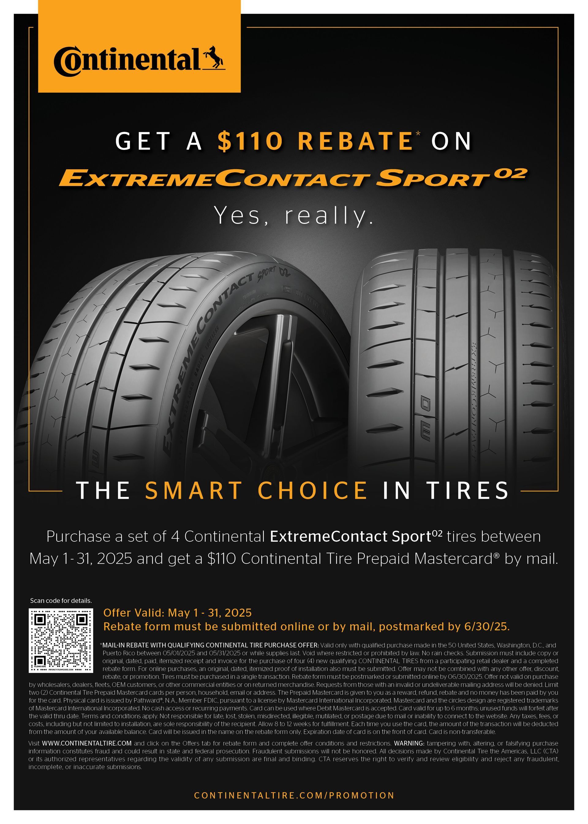 Continental is offering a $ 110 rebate on extreme contact sport tires.