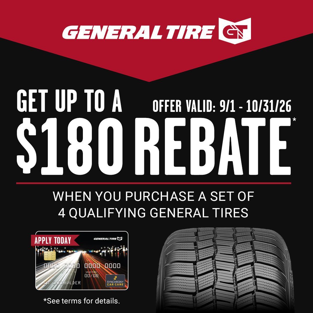General Tire ad offering up to a $180 rebate on a set of 4 qualifying tires, with tire tread image