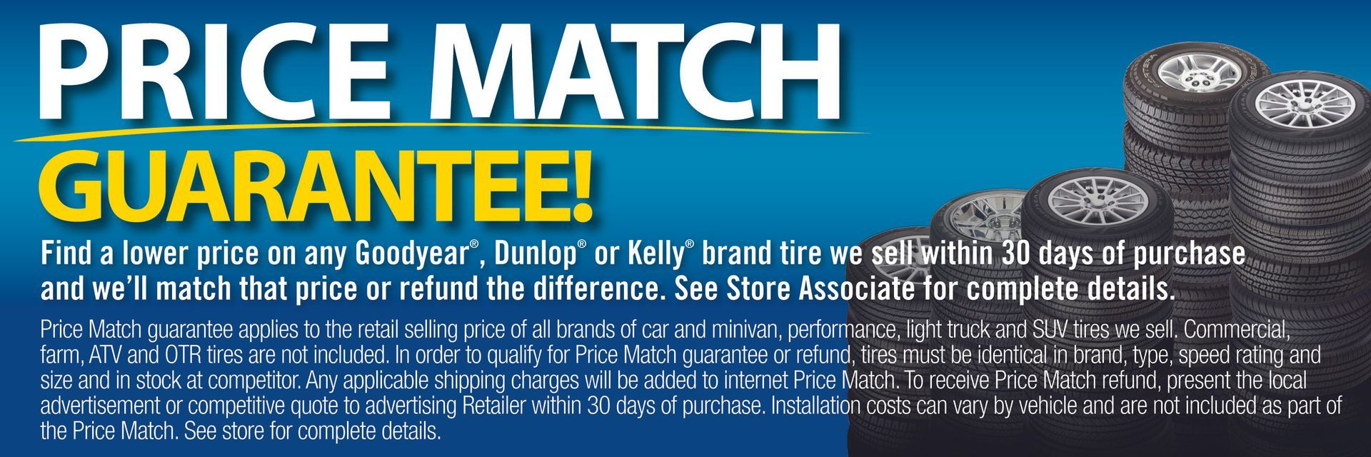 Blue price match guarantee banner with white text and stacks of car tires on the right.