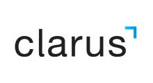 Clarus logo in black lowercase text with a small blue corner mark above the final letters