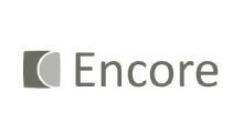 Encore logo in gray with a square icon and crescent shape