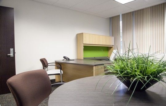 Empty office meeting room with chairs, desk, and a potted plant near the window.