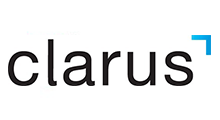 Clarus logo in black lowercase letters with a blue corner mark on a white background