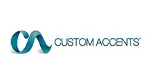 Custom Accents logo with teal abstract emblem and gray text on white background