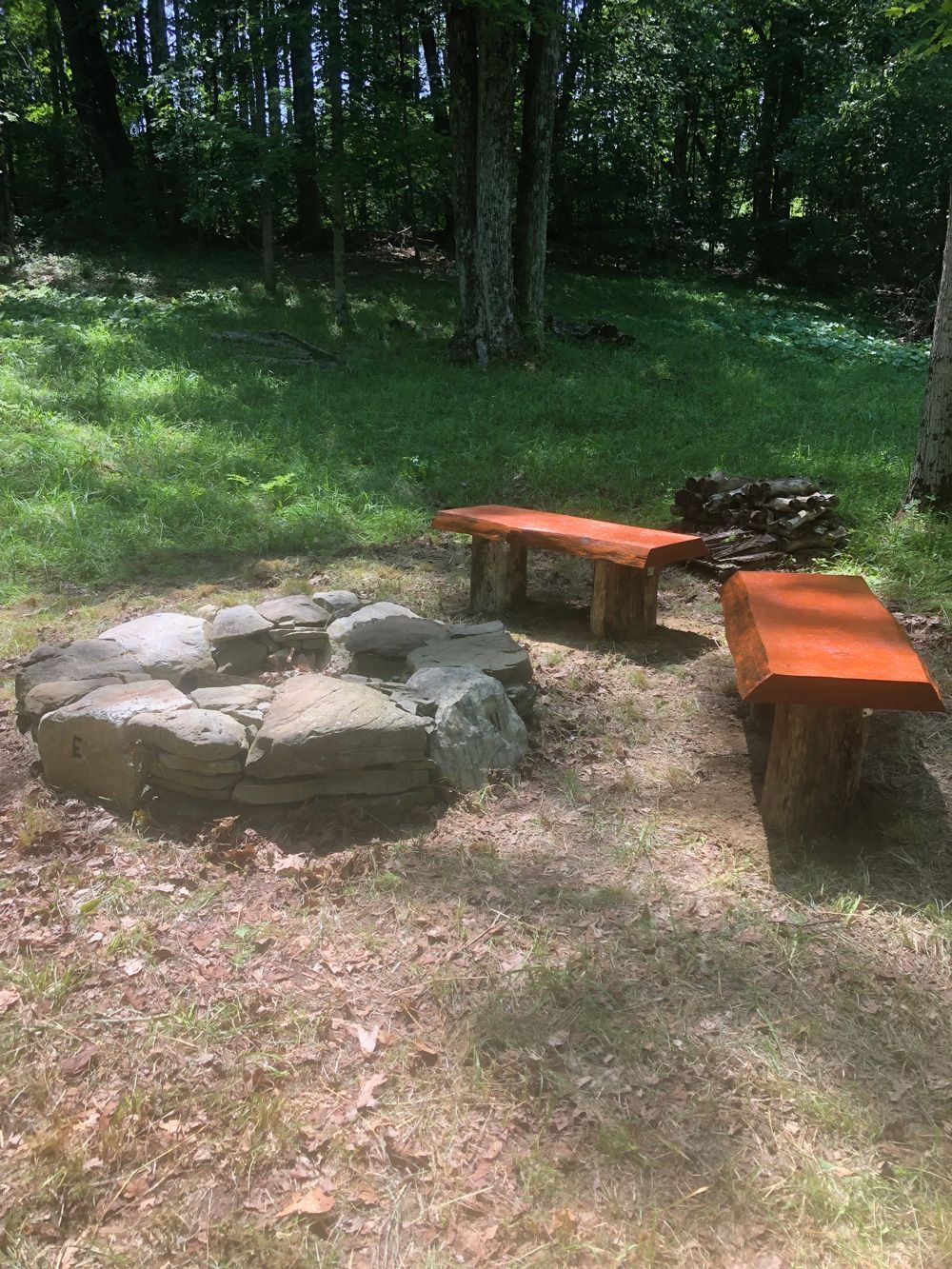 Stone fire pit with two wooden benches in a grassy clearing surrounded by trees.