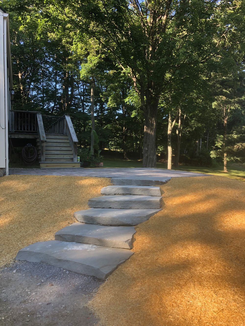 Stone steps leading up to a deck, surrounded by golden mulch in a wooded area.