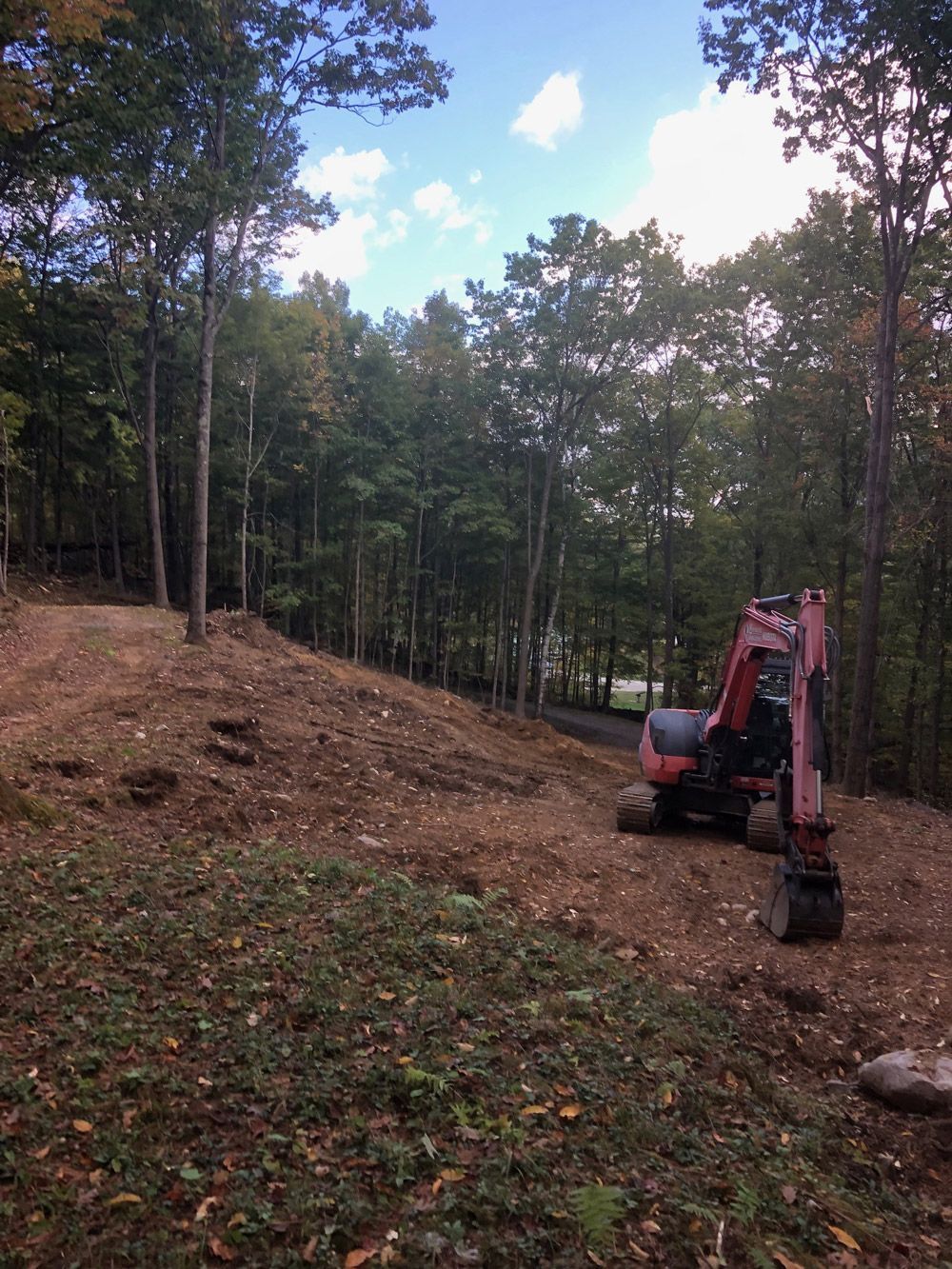 An excavator on a hillside clearing trees for construction, surrounded by a forest.