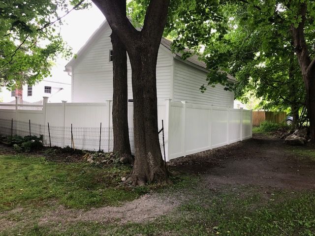 New white fence behind two trees