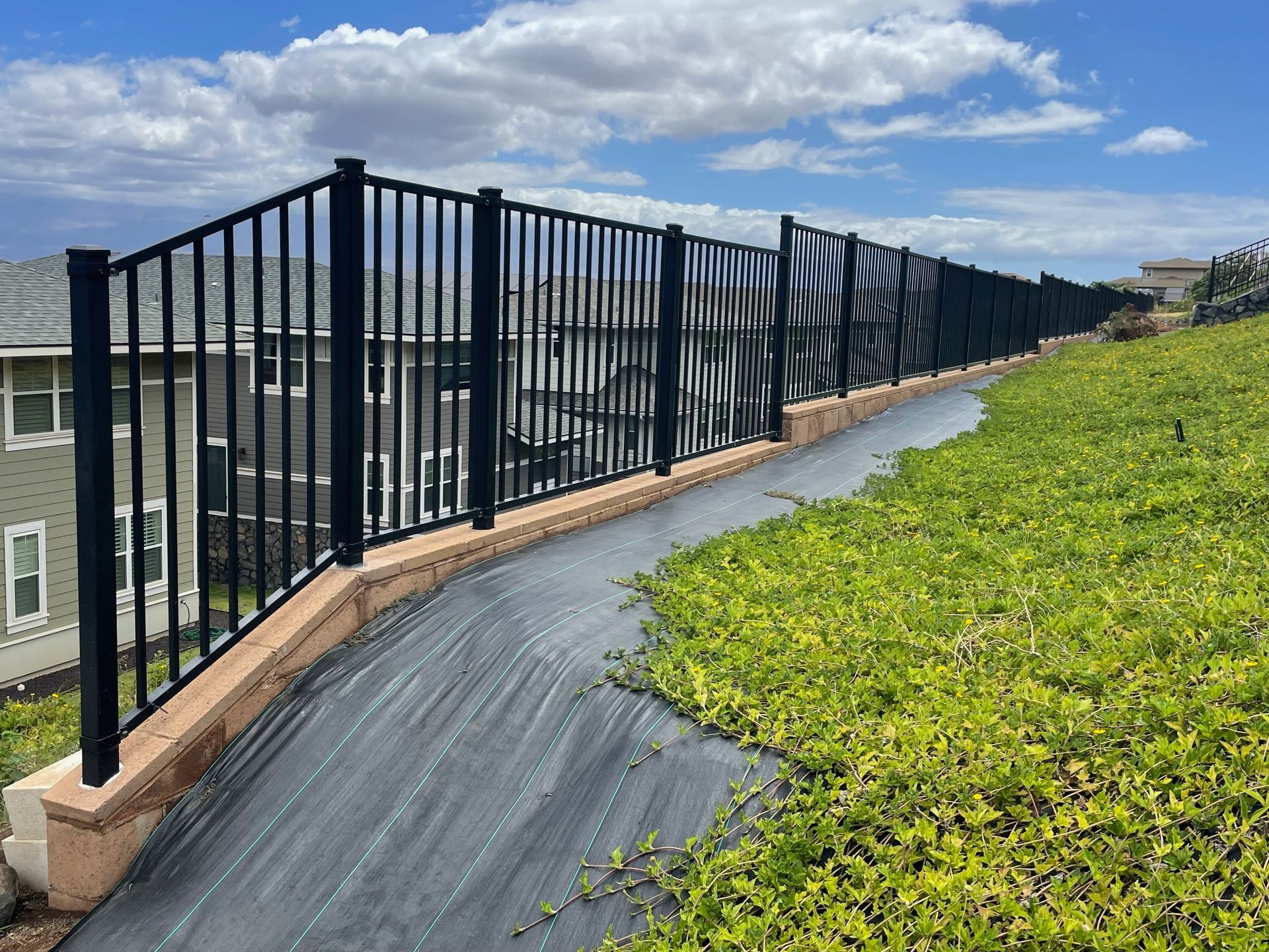 A black metal fence surrounds a lush green hillside.