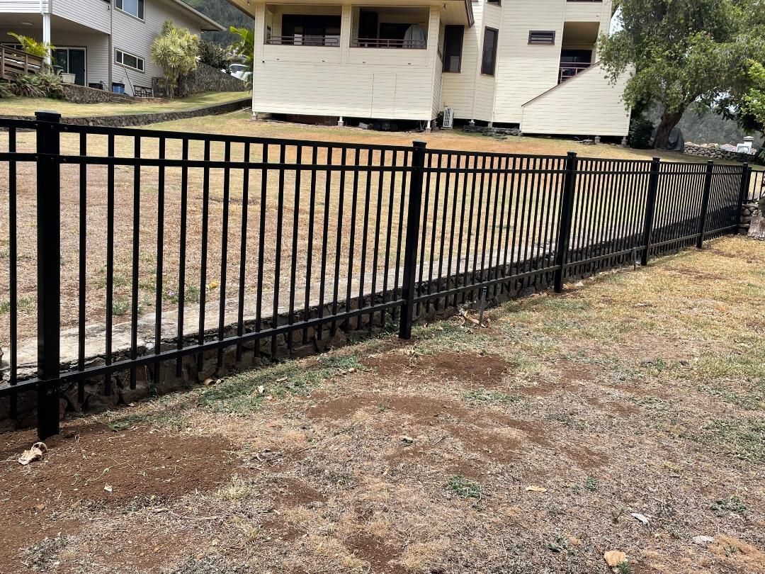 A black fence is surrounding a grassy field in front of a house.