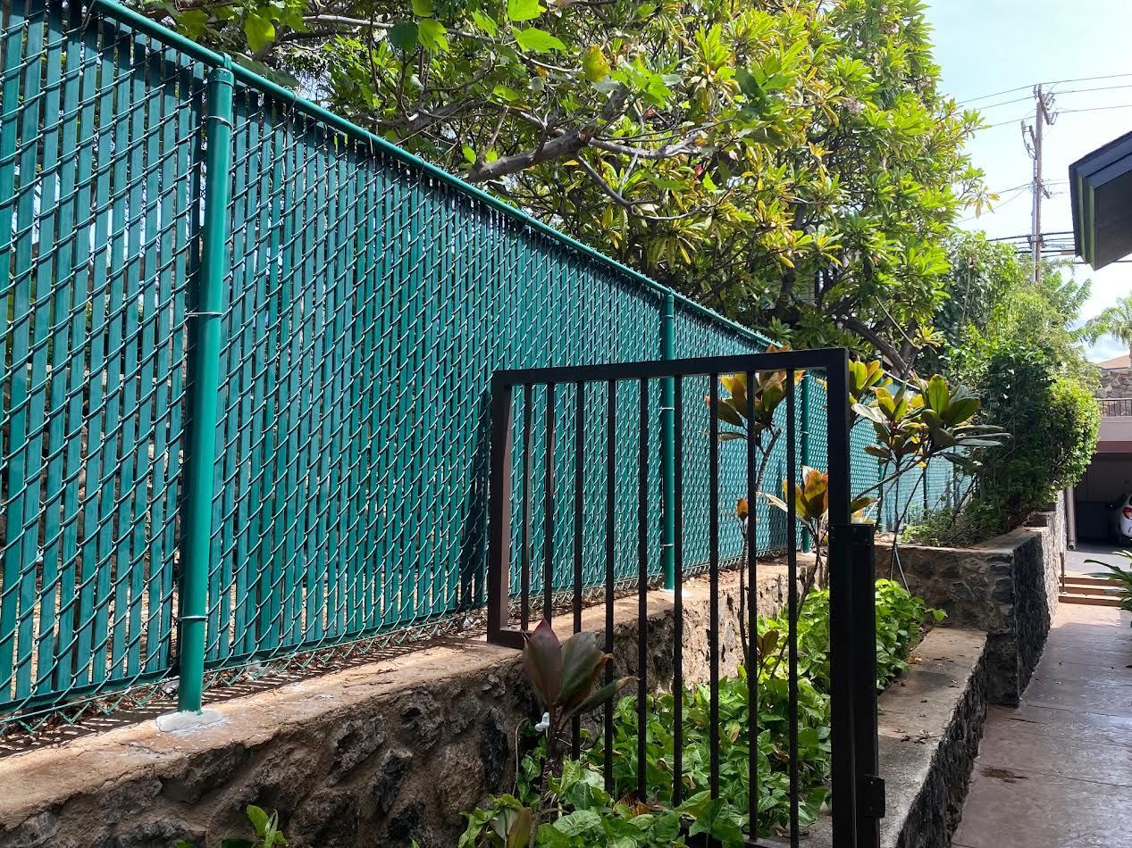 A green chain link fence is surrounded by trees and a stone wall.