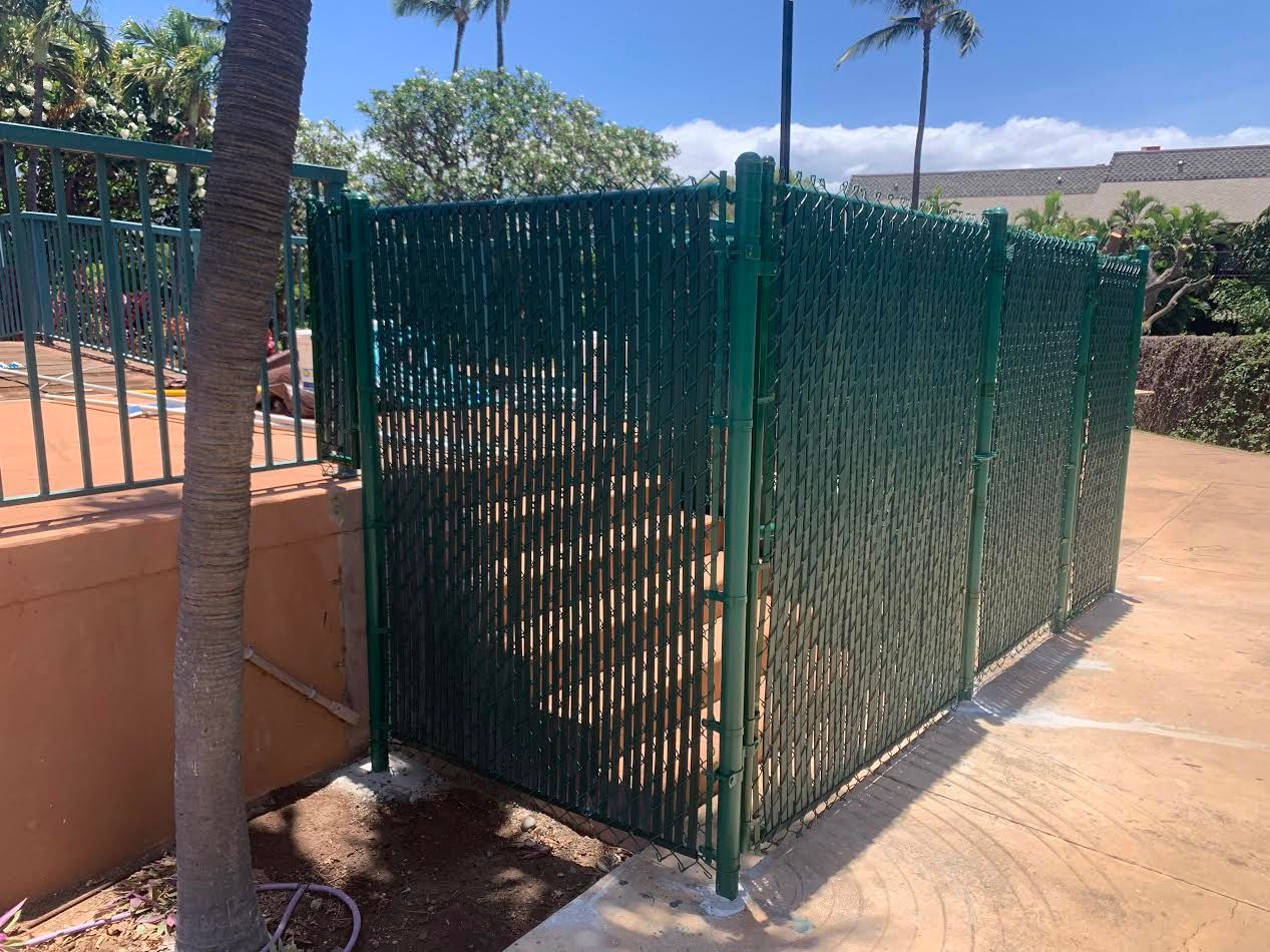 A green fence is surrounding a swimming pool with palm trees in the background.