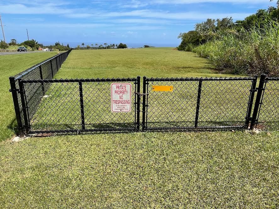A black chain link fence surrounds a grassy field