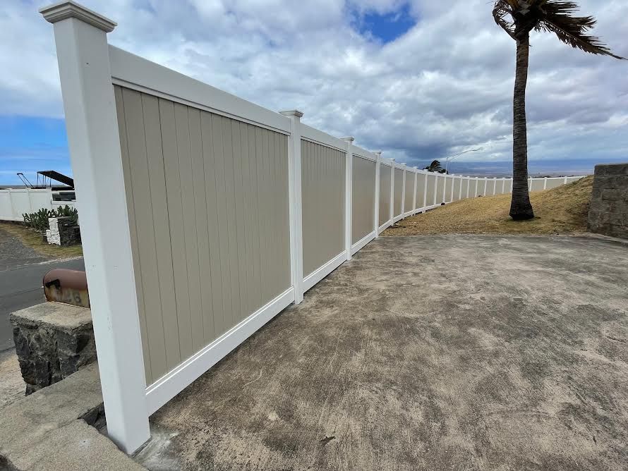 A white and tan fence with a palm tree in the background.