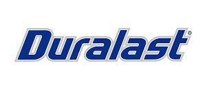 Duralast logo, blue text with white and blue outline on a white background.