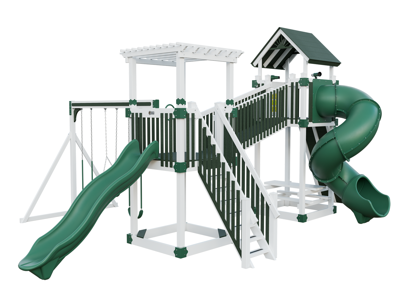 A playground set with a green slide and swings on a white background.